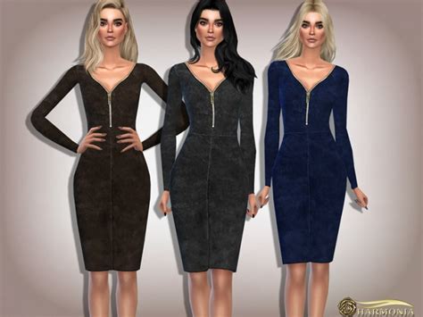 Plunging Front Collar Zipper Velvet Dress By Harmonia At Tsr Sims 4