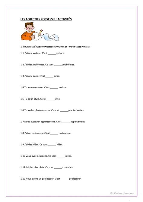 « l'intérêt pour l'élève, du ce2 au cm2, est de pouvoir. LES ADJECTIFS POSSESSIFS : ACTIVITÉS | Les adjectifs ...