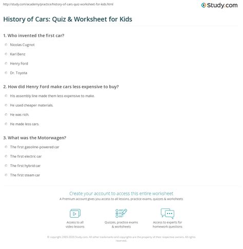 History Of Cars Quiz And Worksheet For Kids