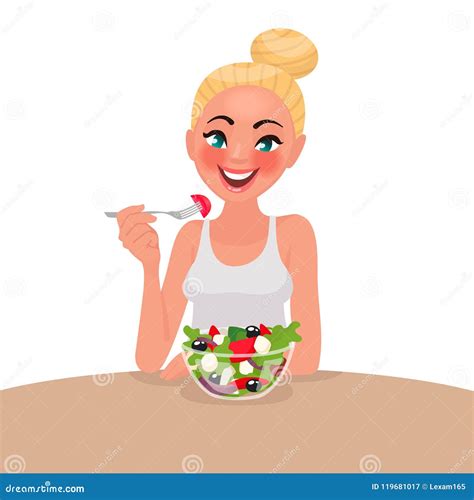 Happy Woman Is Eating A Salad Vegetarian Stock Illustration