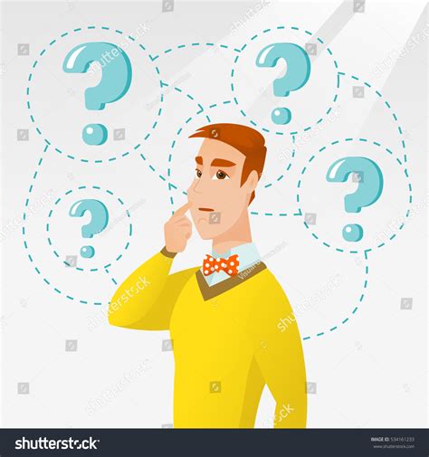 Thinking Businessman Standing Under Question Marks Stock Vector