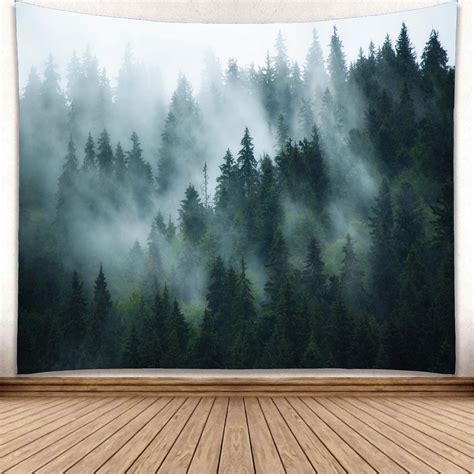 YISURE Forest Tapestry Wall Hanging Foggy Tree Tapestry Nature Misty