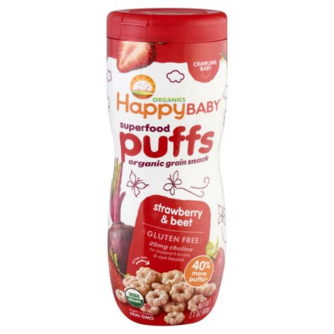 2 g of whole grains per serving. Save on HappyBaby Organics Superfood Puffs Strawberry ...