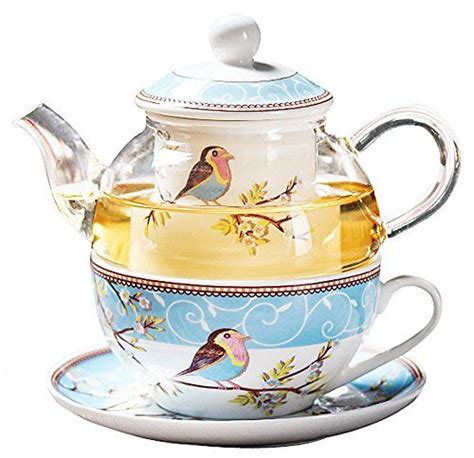 Jusalpha Glass Teapot With A Fine China Infuser Strainer Cup And Saucer Setteapot And Teacup