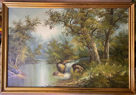 Oil Painting Landscape Of A Riverbank And Waterfall Signed C Inness