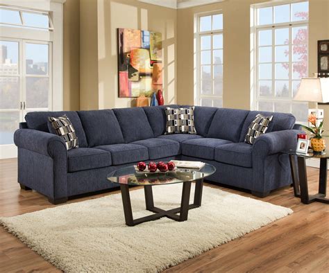 Beautiful Blue Sectional Sofa Sleepers Wooden Floor Living Room With White Fur Rug Abstract Wall Painting Round Table 