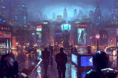 Cyberpunk City Sci Fi Raining People Skyscrapers For Chromebook