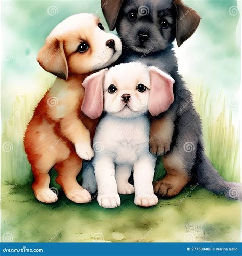 Watercolor Wonders - a Group of Adorable Puppies and Kittens Stock
