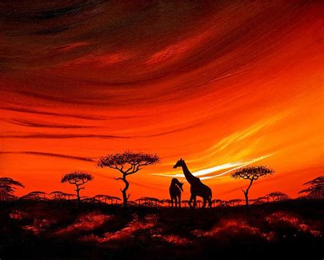 Giraffes At Daybreak By Shirley Shelton Landscape Paintings Sunset
