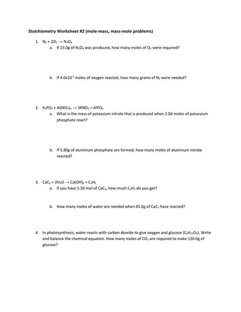 Remember to write you answer in a full sentence. Stoichiometry Worksheet 2 (Mole