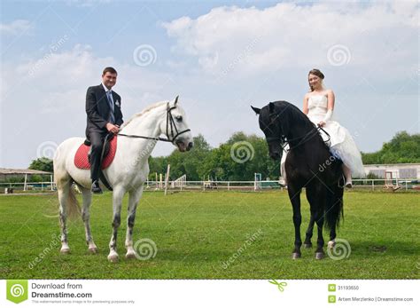 Wedding Bride And Groom On Horseback Stock Photo Image Of Groom Love