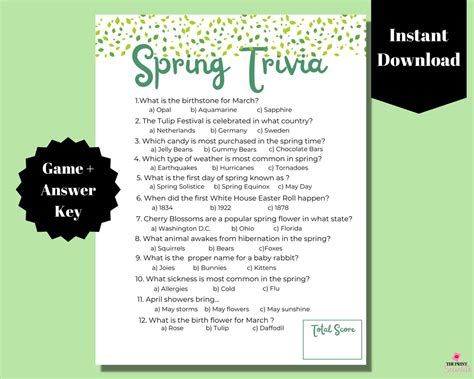 Spring Trivia Game Springtime Printable Activity Spring Etsy