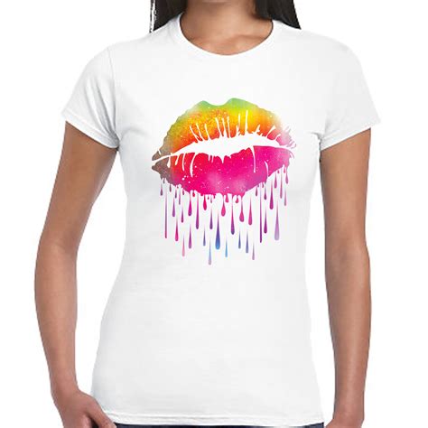 Women Neon Dripping Lip T Shirt Casual Graphic Tee White Short Sleeve