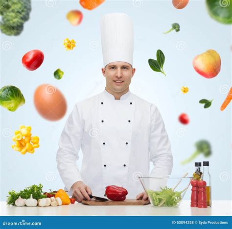 Happy Male Chef Cook Cooking Food Stock Photo Image Of Healthy Board