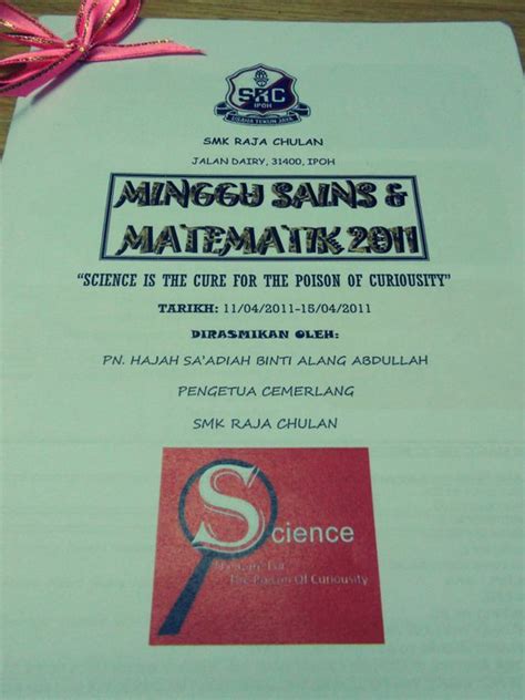 Gimik perasmian majlis minum petang sambutan 10 tahun alumni pada 26 januari 2019 yang lalu telah dirasmikan oleh doktor. PUSAT SUMBER SMKRC: Pelancaran Minggu Sains dan Matematik ...