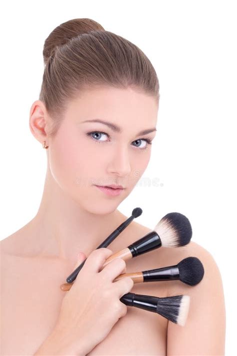 Portrait Of Young Beautiful Woman With Make Up Brushes Isolated Stock