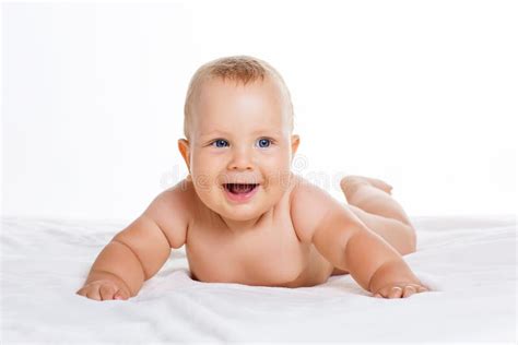 Cute Smiling Baby Lying On Towel Isolated On White Stock Image Image Of Funny Lying