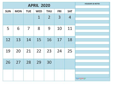 April 2020 Calendar With Holidays Word Pdf