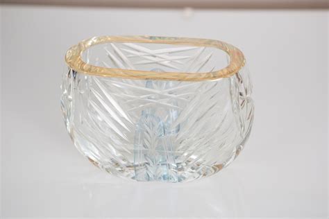 Vintage Crystal Cut Glass Vase With Iridescvent Rim Short And Wide Flower Vase Victorian