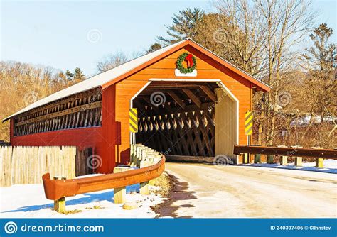 Vermont Covered Bridge With Holiday Wreath In Winter Editorial Photo