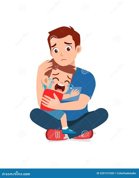 Young Father Hug Crying Little Boy And Try To Comfort Cartoon Vector