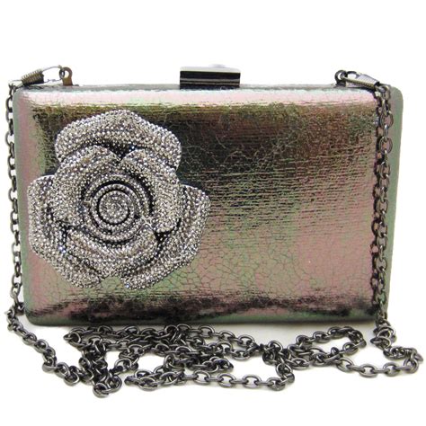 Pewter Gray Metallic Rhinestone Rose Clutch Purse Evening Bag