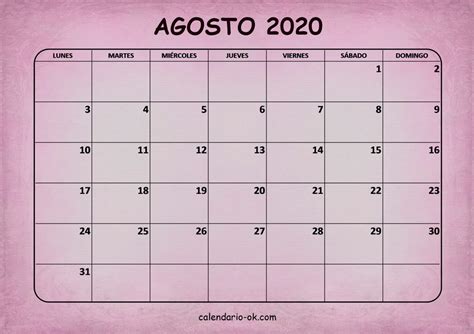 Plantilla Calendario 【agosto 2020】 Para Imprimir Pdf