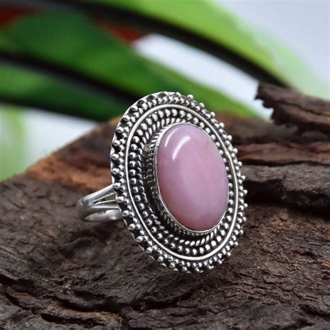 Natural Peruvian Pink Opal Cabochon Gemstone Ring 925 Etsy Uk