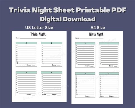 Trivia Answer Sheet Trivia Night Player Sheet Trivia Sheets Print