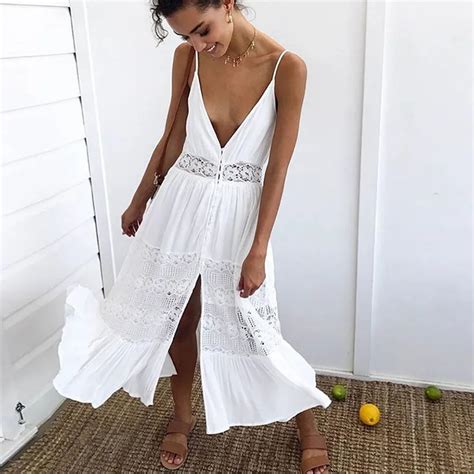 Summer Dress 2018 Boho Bohemian White Hollow Out Lace Beach Dress Women