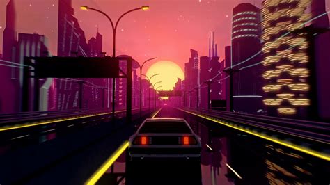 Retro-futuristic 80s style drive in neon city. Seamless loop of 