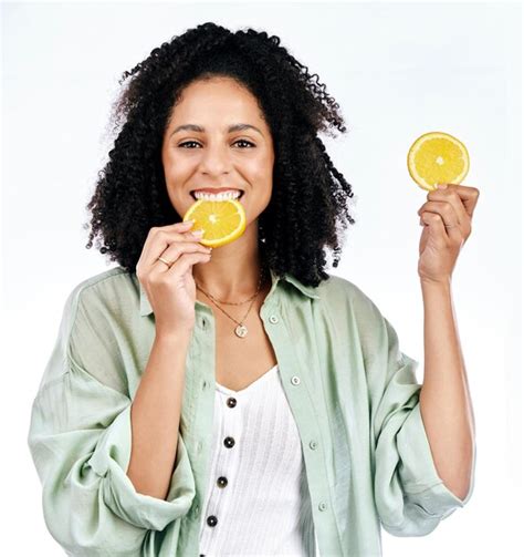 Premium Photo Portrait Orange And Woman With A Smile Healthy Snack