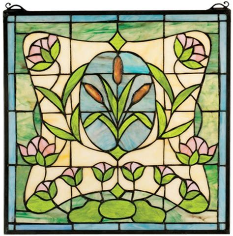 Art Nouveau Stained Glass Window With Water Lilies And Cattails Stained