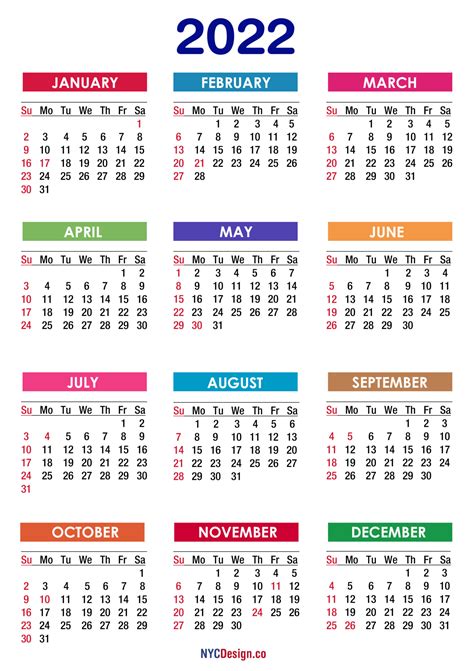 2022 Calendar With Holidays Printable Free Pdf Colorful In 2022
