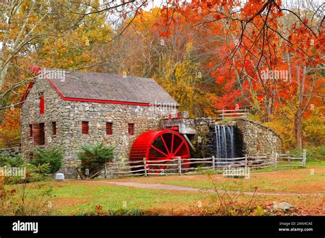 The Wayside Inn Grist Mill With Water Wheel And Cascade Water Fall In