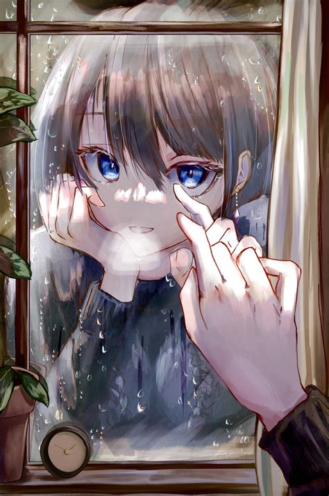 Download Wallpaper 2702x4078 Girl Window Reflection Touch Anime Hd