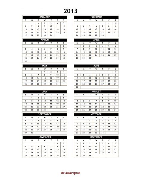 2013 Yearly Calendar Template Word One Page
