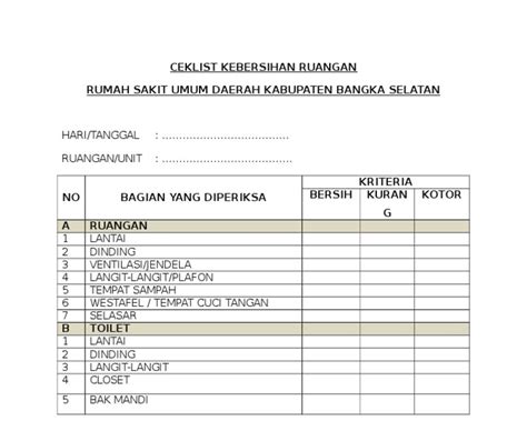 Checklist Kebersihan Kantor - Ruang Jawaban