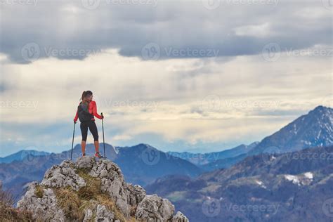 Girl On Top Of A Mountain Alone Observes The View 2547924 Stock Photo