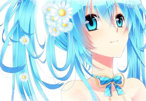 Vocaloid White Flowers Hatsune Miku Blue Eyes Blue Hair Anime Girls Fan Art Hair Bow 1836x1280