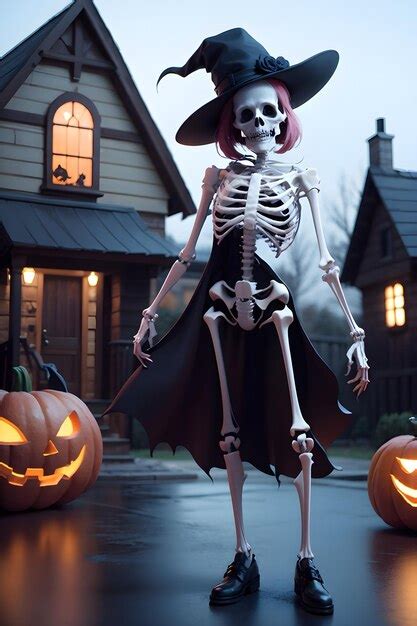 Premium Ai Image Halloween Skeleton In Front Of A Haunted House