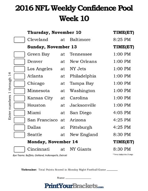 Nfl Week 10 Confidence Pool Sheet Printable