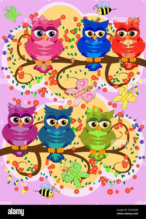 Cute Dibujos Animados Coloridos Búhos Sentado Sobre La Rama De Un árbol