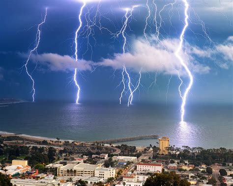 Lightning Bolts Striking The Pacific Ocean Off Shore In Ventura California