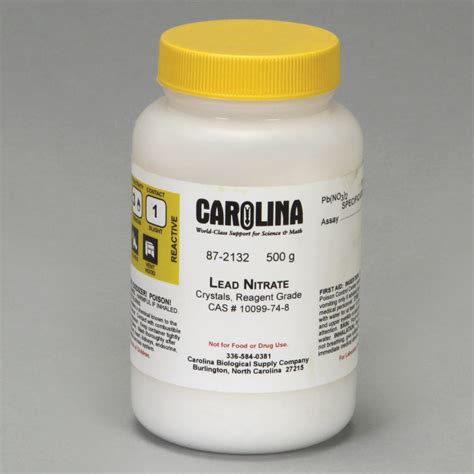 The material is soluble in water. Lead Nitrate, Crystal, Reagent Grade, 500 g | Carolina.com