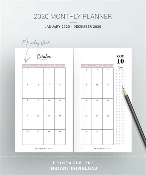 2020 Monthly Planner Printable 2020 Monthly Calendar Monday Etsy