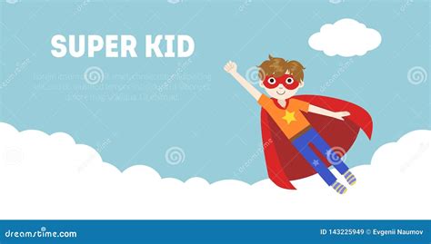 Super Kid Banner Cute Boy In Superhero Costume And Mask Flying In Sky