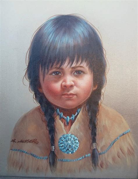 Lovely Vintage Native American Indian Child Oil Painting By Artist K