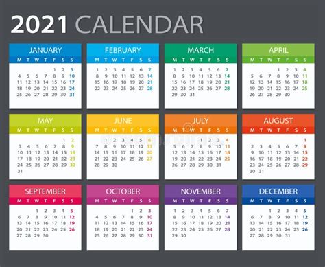 2021 Calendar Vector Illustration Monday To Sunday Stock