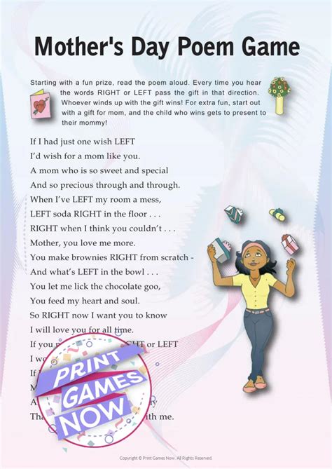 Printable Mothers Day Left Right Poem Party Game — Print Games Now